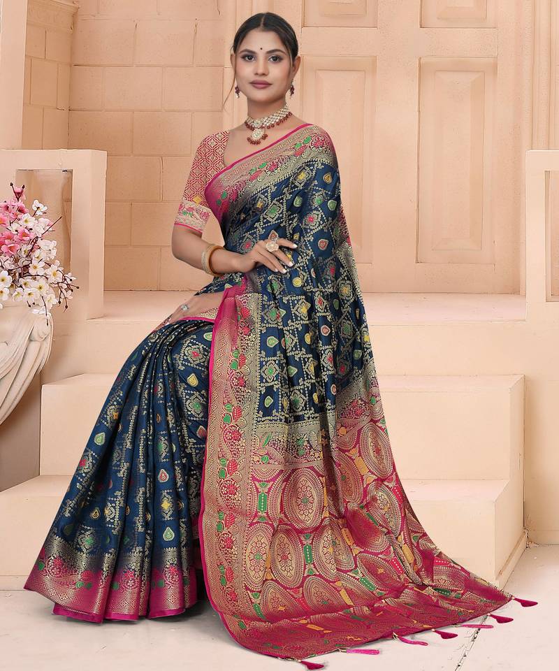 Navy Blue Dola Silk Saree with Heavy Gold Zari Border & Rani Pink Designer Pallu | Wedding & Festive Wear