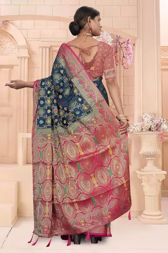 Navy Blue Dola silk blend Saree with Heavy Gold Zari Border & Rani Pink Designer Pallu | Wedding & Festive Wear