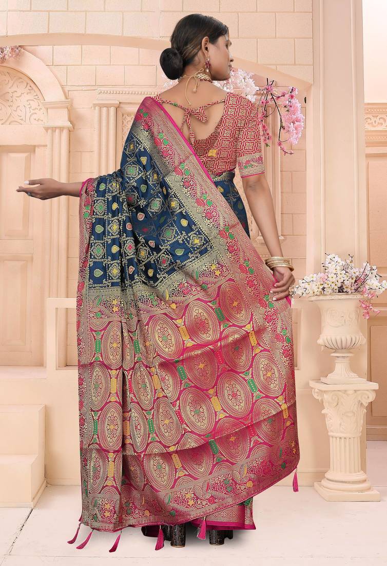 Navy Blue Dola Silk Saree with Heavy Gold Zari Border & Rani Pink Designer Pallu | Wedding & Festive Wear