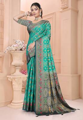  Teal Green Dola silk blend Saree with Zari & Thread Work and Rich Pallu 1