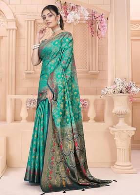  Teal Green Dola silk blend Saree with Zari & Thread Work and Rich Pallu 2