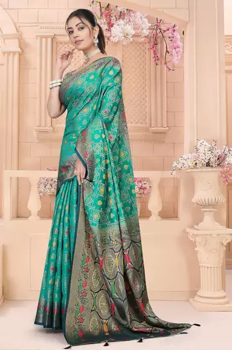  Teal Green Dola silk blend Saree with Zari & Thread Work and Rich Pallu