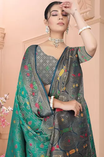  Teal Green Dola silk blend Saree with Zari & Thread Work and Rich Pallu