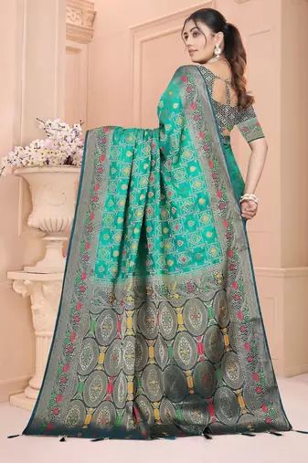  Teal Green Dola silk blend Saree with Zari & Thread Work and Rich Pallu