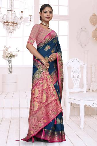 Maharanga Navy Blue Dola Silk Saree with Zari & Thread Woven Butta and Rich Pink Border