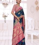 Maharanga Navy Blue Dola Silk Saree with Zari & Thread Woven Butta and Rich Pink Border