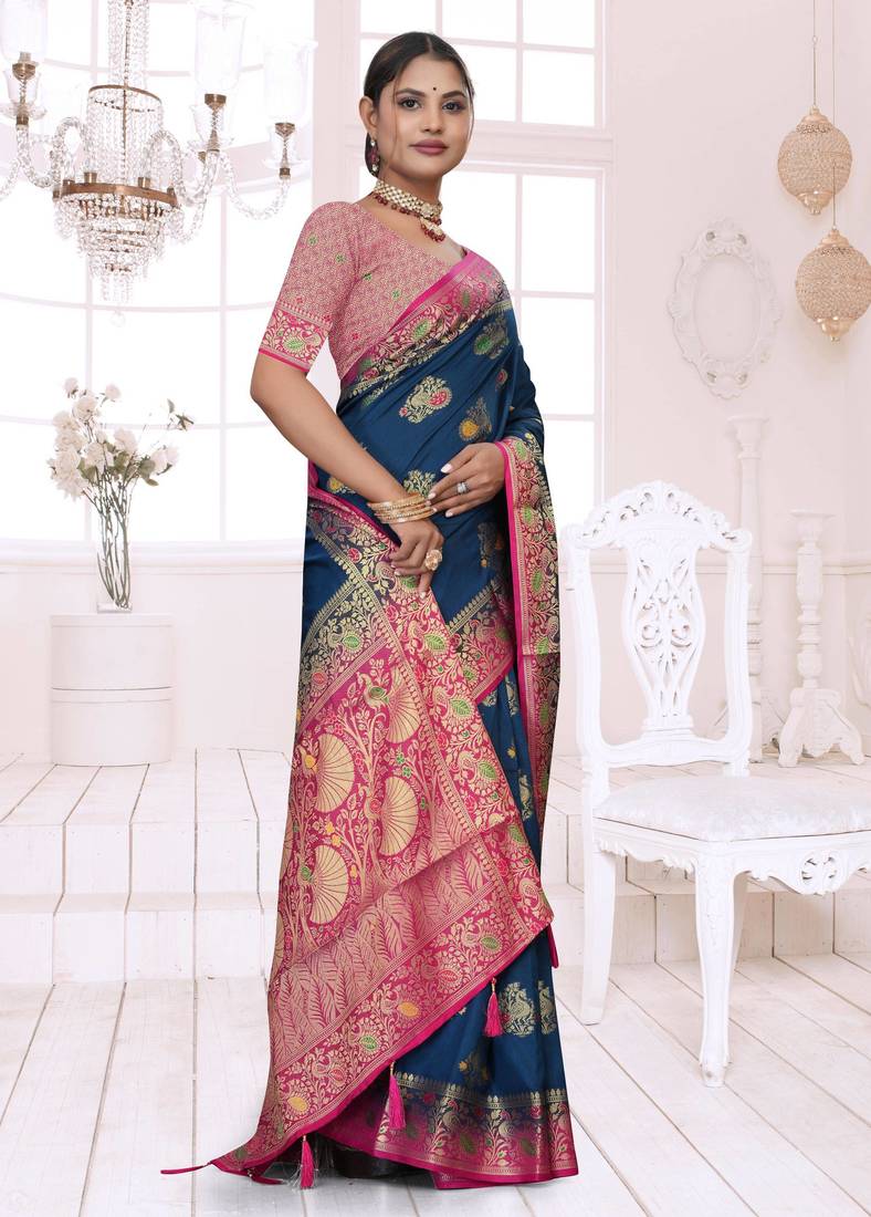 Maharanga Navy Blue Dola Silk Saree with Zari & Thread Woven Butta and Rich Pink Border