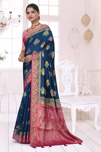 Maharanga Navy Blue Dola Silk Saree with Zari & Thread Woven Butta and Rich Pink Border