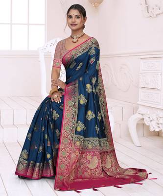  Navy Blue Dola silk blend Saree with Zari & Thread Woven Butta and Rich Pink Border 3