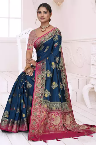 Maharanga Navy Blue Dola Silk Saree with Zari & Thread Woven Butta and Rich Pink Border
