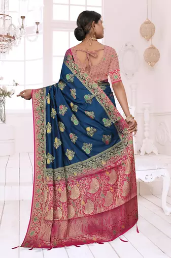 Maharanga Navy Blue Dola Silk Saree with Zari & Thread Woven Butta and Rich Pink Border