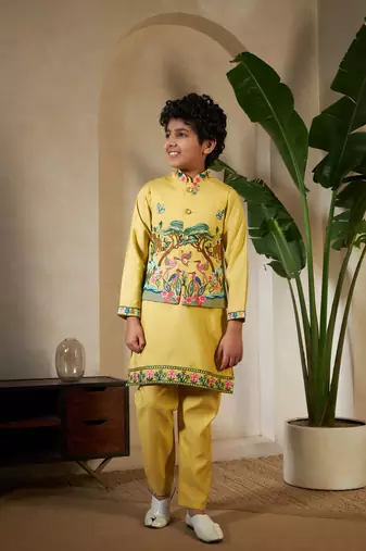 Yellow viscose silk thead with sequins embroidered work wedding function festival party boys straight kurta pant koti