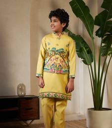 Yellow viscose silk thead with sequins embroidered work wedding function festival party boys straight kurta pant koti