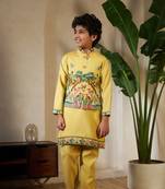 Yellow viscose silk thead with sequins embroidered work wedding function festival party boys straight kurta pant koti