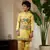 Yellow viscose silk thead with sequins embroidered work wedding function festival party boys straight kurta pant koti