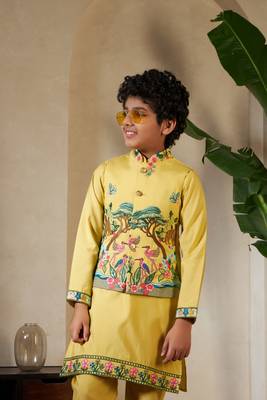 Yellow viscose silk thead with sequins embroidered work wedding function festival party boys straight kurta pant koti 2