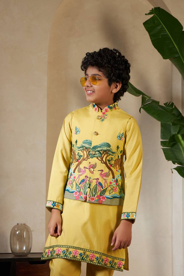 Yellow viscose silk thead with sequins embroidered work wedding function festival party boys straight kurta pant koti