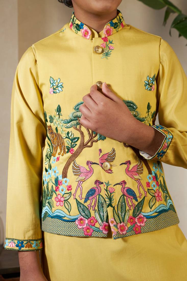 Yellow viscose silk thead with sequins embroidered work wedding function festival party boys straight kurta pant koti