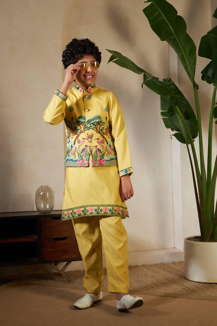 Yellow viscose silk thead with sequins embroidered work wedding function festival party boys straight kurta pant koti