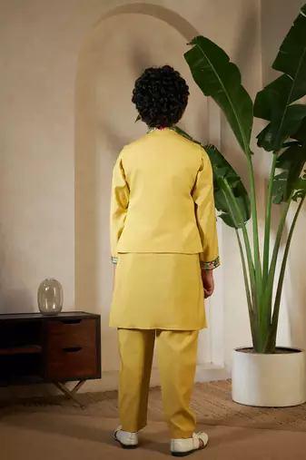 Yellow viscose silk thead with sequins embroidered work wedding function festival party boys straight kurta pant koti