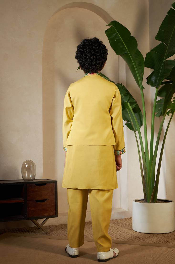 Yellow viscose silk thead with sequins embroidered work wedding function festival party boys straight kurta pant koti