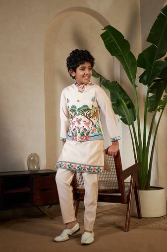 Beige viscose silk thead with sequins embroidered work wedding function festival party boys straight kurta pant koti