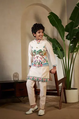 Beige viscose silk thead with sequins embroidered work wedding function festival party boys straight kurta pant koti