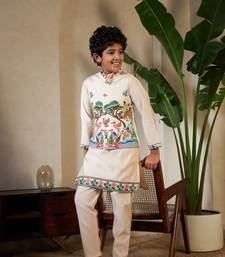 Beige viscose silk thead with sequins embroidered work wedding function festival party boys straight kurta pant koti