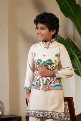 Beige viscose silk thead with sequins embroidered work wedding function festival party boys straight kurta pant koti 2