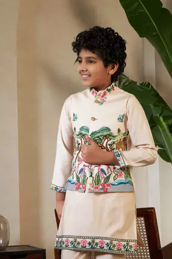 Beige viscose silk thead with sequins embroidered work wedding function festival party boys straight kurta pant koti
