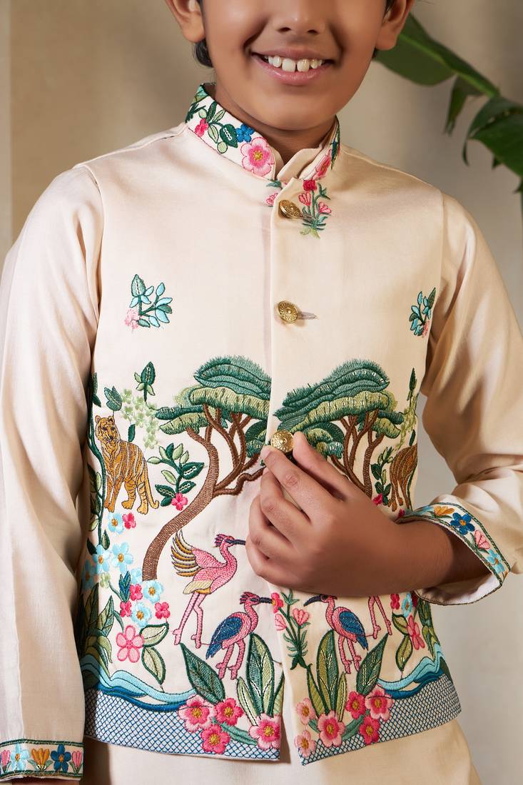 Beige viscose silk thead with sequins embroidered work wedding function festival party boys straight kurta pant koti