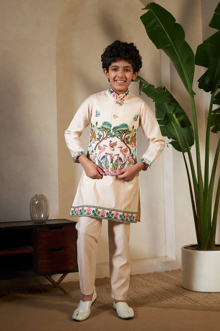 Beige viscose silk thead with sequins embroidered work wedding function festival party boys straight kurta pant koti