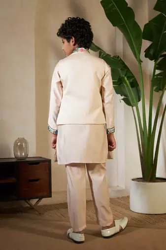 Beige viscose silk thead with sequins embroidered work wedding function festival party boys straight kurta pant koti
