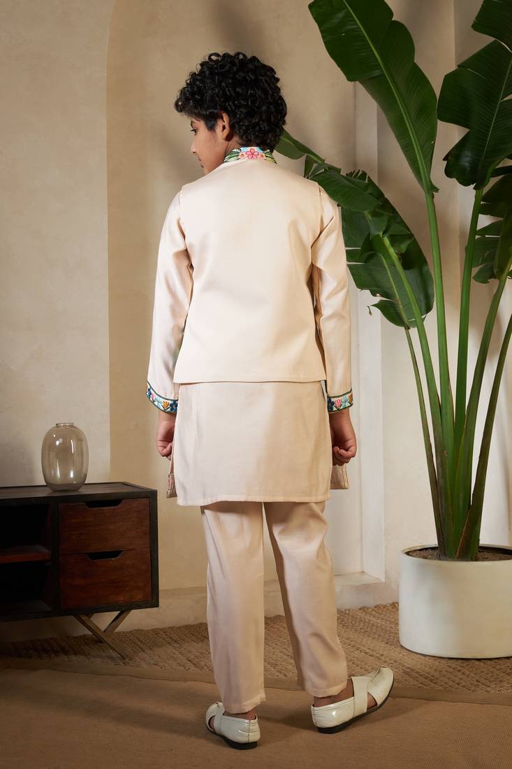 Beige viscose silk thead with sequins embroidered work wedding function festival party boys straight kurta pant koti