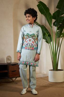 Pista green viscose silk thead with sequins embroidered work wedding festival party boys straight kurta pant koti 1