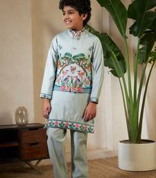 Pista green viscose silk thead with sequins embroidered work wedding festival party boys straight kurta pant koti