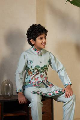 Pista green viscose silk thead with sequins embroidered work wedding festival party boys straight kurta pant koti 2