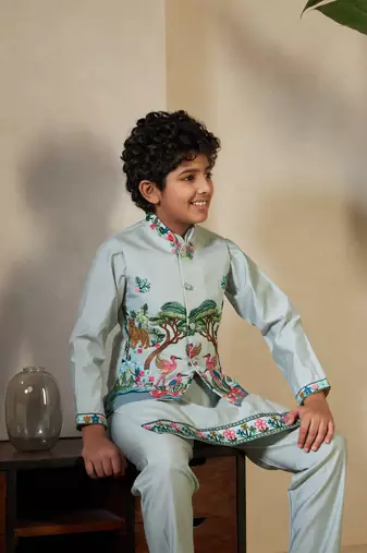 Pista green viscose silk thead with sequins embroidered work wedding festival party boys straight kurta pant koti