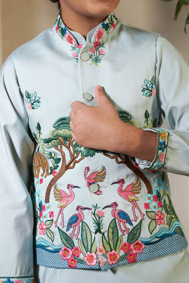 Pista green viscose silk thead with sequins embroidered work wedding festival party boys straight kurta pant koti