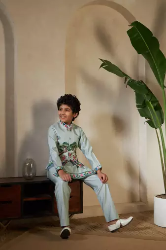 Pista green viscose silk thead with sequins embroidered work wedding festival party boys straight kurta pant koti