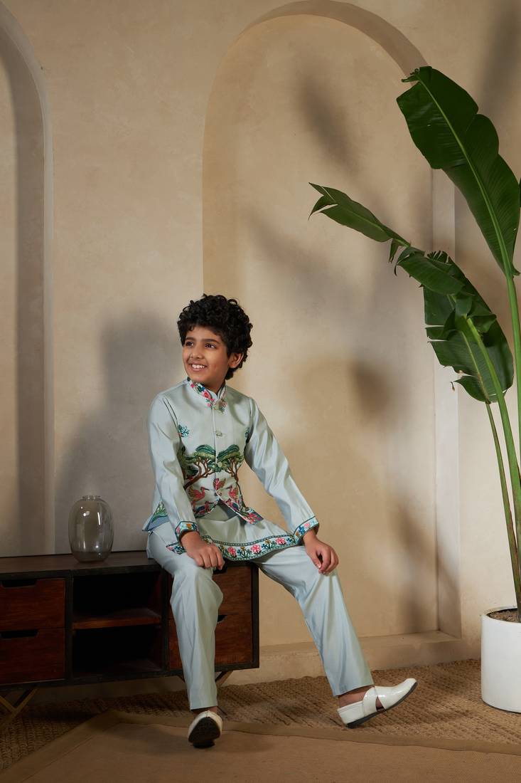 Pista green viscose silk thead with sequins embroidered work wedding festival party boys straight kurta pant koti