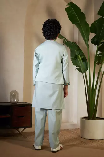 Pista green viscose silk thead with sequins embroidered work wedding festival party boys straight kurta pant koti