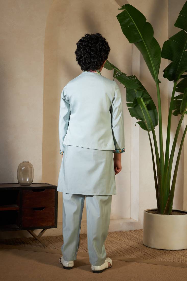 Pista green viscose silk thead with sequins embroidered work wedding festival party boys straight kurta pant koti