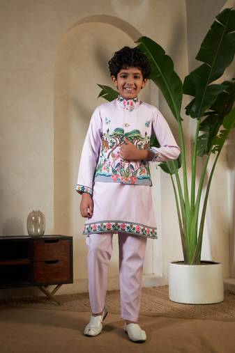 Lavender viscose silk thead with sequins embroidered work wedding function festival party boys straight kurta pant koti