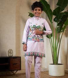 Lavender viscose silk thead with sequins embroidered work wedding function festival party boys straight kurta pant koti