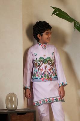 Lavender viscose silk thead with sequins embroidered work wedding function festival party boys straight kurta pant koti 2