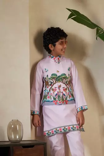 Lavender viscose silk thead with sequins embroidered work wedding function festival party boys straight kurta pant koti
