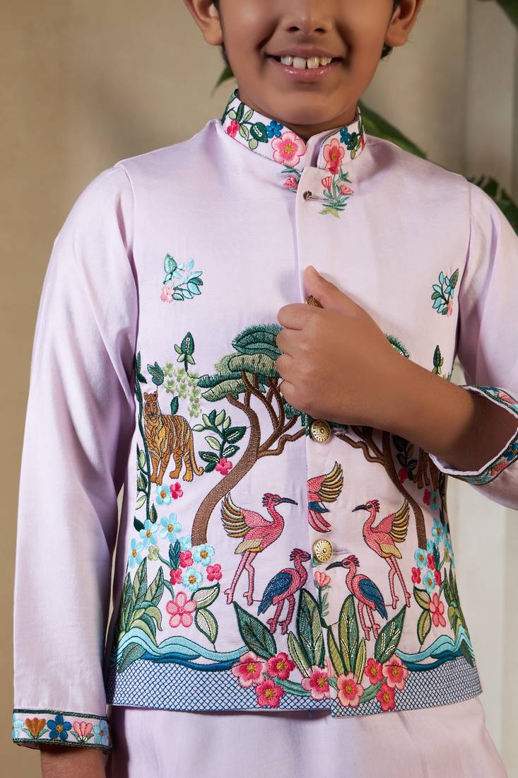 Lavender viscose silk thead with sequins embroidered work wedding function festival party boys straight kurta pant koti