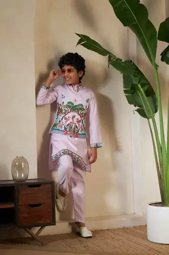 Lavender viscose silk thead with sequins embroidered work wedding function festival party boys straight kurta pant koti