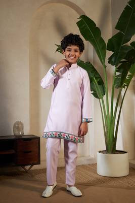 Lavender viscose silk thead with sequins embroidered work wedding function festival party boys straight kurta pant koti 5